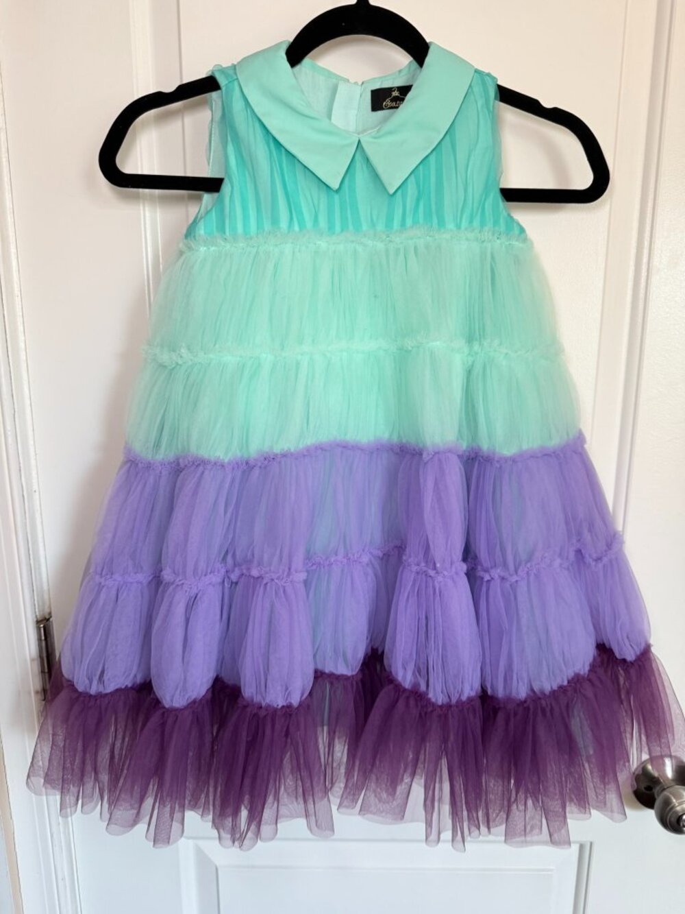 Italian Boutique Girls Colorblock Tulle Tiered Dress Peter Pan Collar Size 5-6